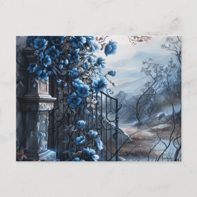Cemetery Graveyard Blue Blommigt BeVacker Hallowee Helg Vykort (Framsida)