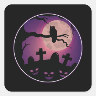 Cemetery Pumpkin Uggla Måne Scary Roligt Hallowee Fyrkantigt Klistermärke
