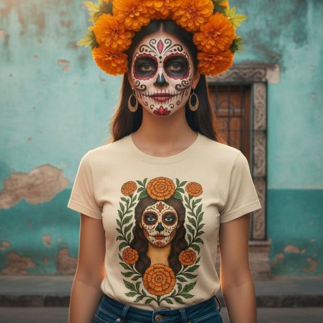 Cempasúchil Aztec Marigolds Botanical Catrina T Shirt (Cempasúchil Aztec Marigolds Botanical Catrina T-Shirt.)