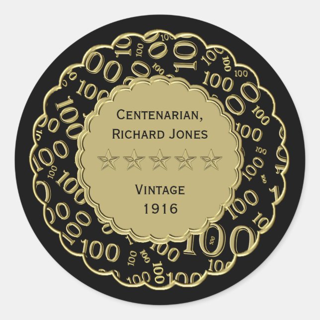 Centenarian 100 Birthday Black and Guld Teme Runt Klistermärke (Framsida)