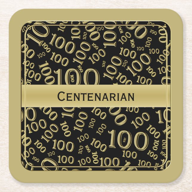 "Centenarian" Black/guld 100:e Party Theme Sq Underlägg Papper Kvadrat (Framsidan)