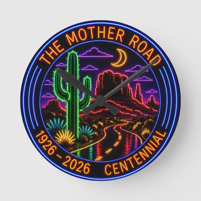 Centennial Neon Style Mother Road Rund Klocka (Framsida)