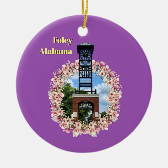 Centennial Plaza Clock, Foley Alabama Lila Shade Julgransprydnad Keramik (Framsidan)