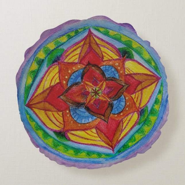 Center Flower Mandala Zen Round Dekorativ kudde (1 (Baksidan)