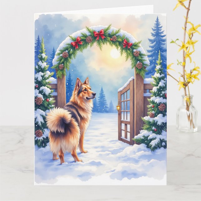 Central Asian Shepherd Snowy Gate Christmas Art Kort (Gul blomma)