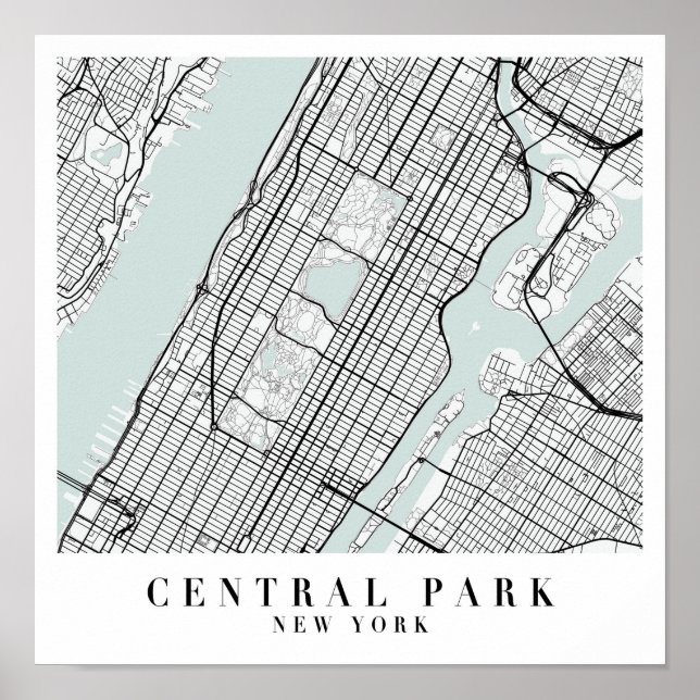 Central Park New York Blue Vatten Street Karta Poster (Framsidan)