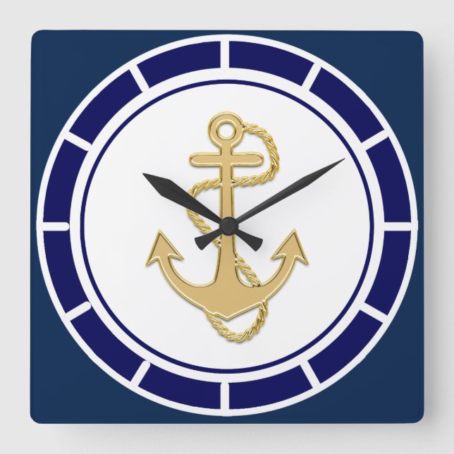 Centrala Golden Anchor Navy Blue Nautical Fyrkantig Klocka (Framsida)
