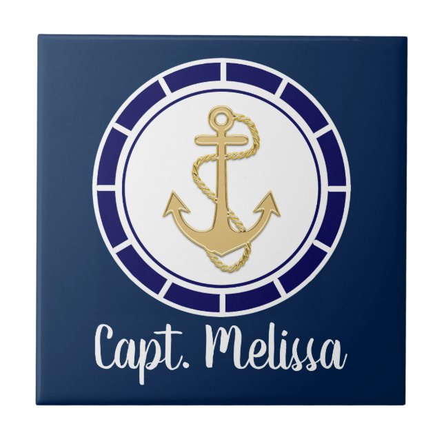 Centrala Golden Anchor Navy Blue Nautical Kakelplatta (Framsidan)