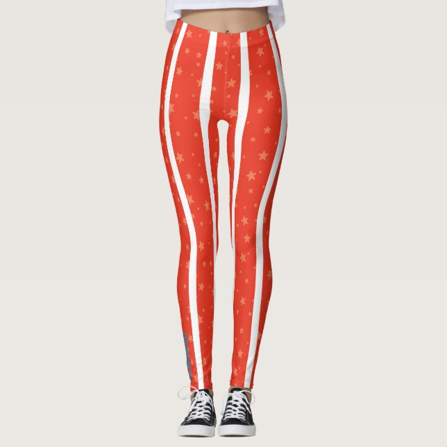 Centrering: Röda och vita stjärnstrimmiga leggings (Framsida)