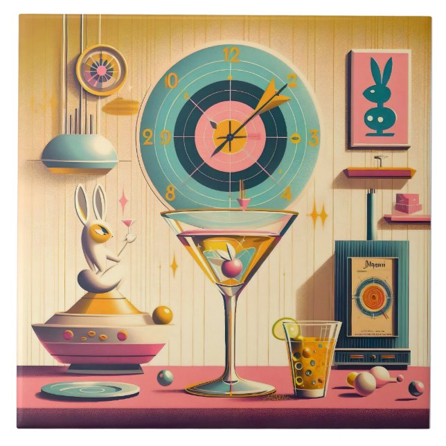 Century Atomic Futuristiska Rabbit Martini Kakelplatta (Framsidan)