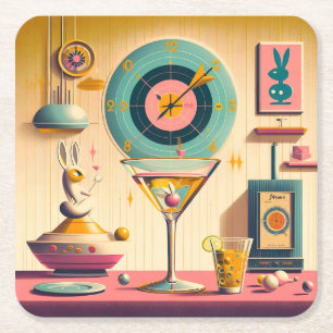 Century Atomic Futuristiska Rabbit Martini Underlägg Papper Kvadrat