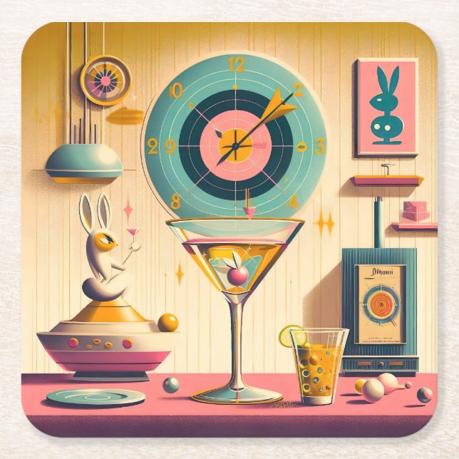 Century Atomic Futuristiska Rabbit Martini Underlägg Papper Kvadrat (Framsidan)
