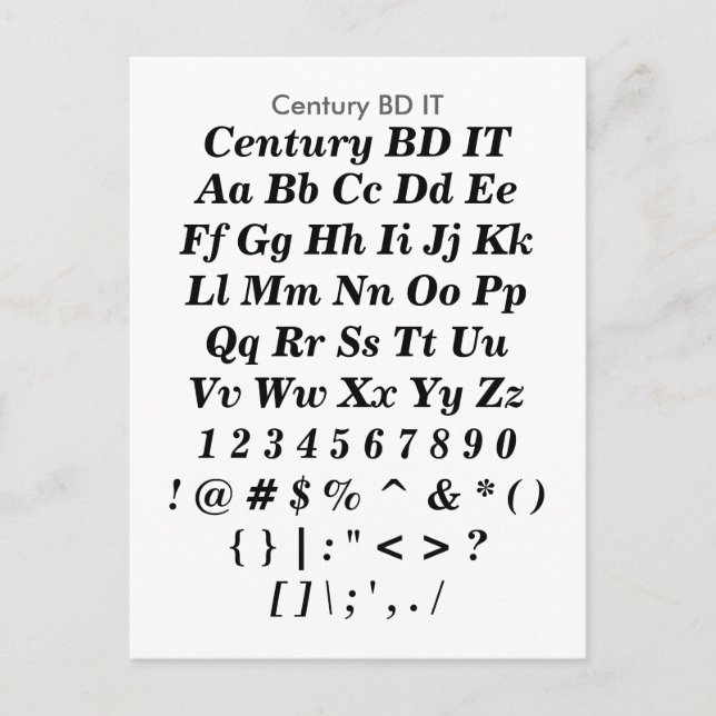 Century BD IT - Zazzle Font Sampler Lakan Vykort (Framsida)