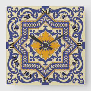 Ceramic Azulejo Stil Blue Orange Clock Fyrkantig Klocka