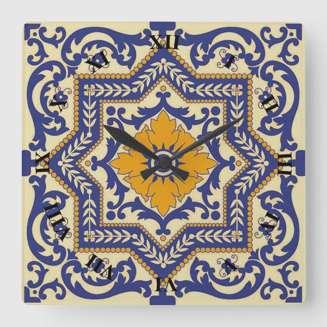 Ceramic Azulejo Stil Blue Orange Clock Fyrkantig Klocka (Framsida)