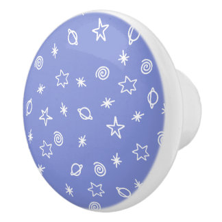 Ceramic Knob Blue Space Doodle Stars Planets Knopp