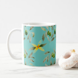 Ceramic mug with olive design on light teal kaffemugg