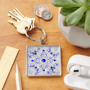 Ceramic Snöre Blue of Greece & snowflake Fyrkantig Silverfärgad Nyckelring