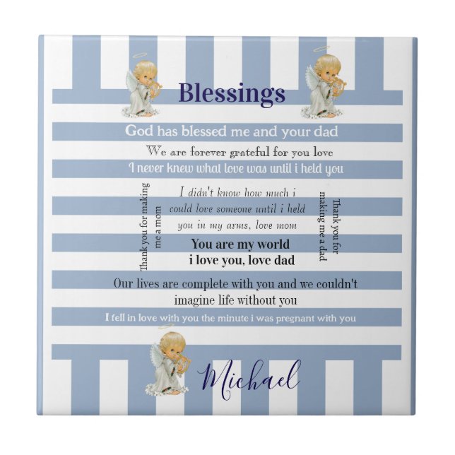Ceramic Tile Blue & White Stripe Blessings Child Kakelplatta (Framsidan)