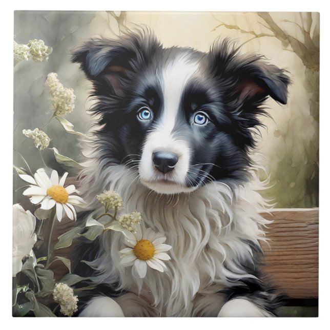 Ceramic Tile Gräns Collie Hund Flowers Kakelplatta (Framsidan)
