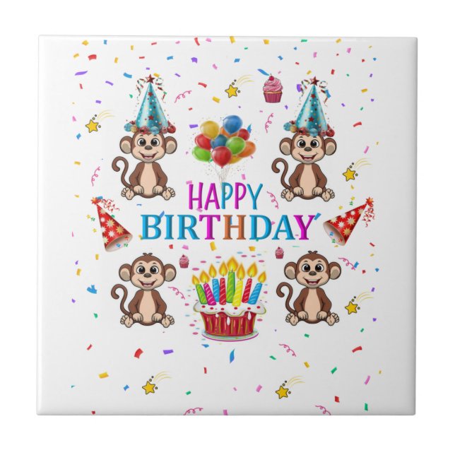 Ceramic Tile Happy Birthday Monkey Cupcake Kakelplatta (Framsidan)