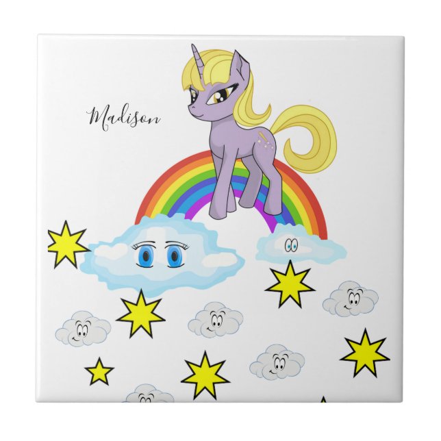 Ceramic Tile Lila Pony Rainbow Lycklig Clouds Kakelplatta (Framsidan)