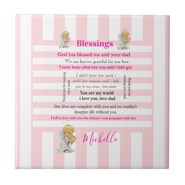 Ceramic Tile Pink & White Stripe Blessings Kakelplatta (Framsidan)