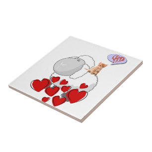 Ceramic Tile Sheep Kitten Red Hearts Kakelplatta