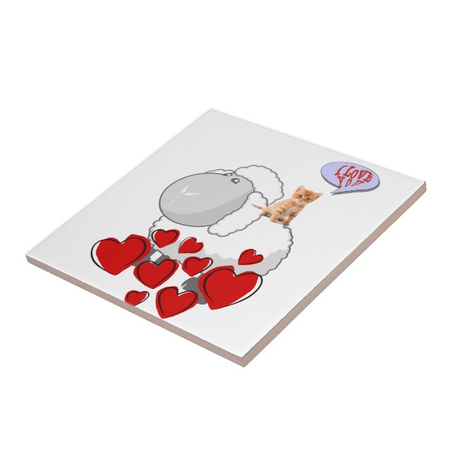 Ceramic Tile Sheep Kitten Red Hearts Kakelplatta (Sidan)
