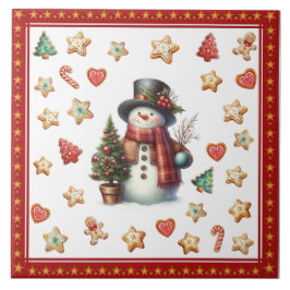 Ceramic Tile Snowman and Christmas Cookies Red Kakelplatta