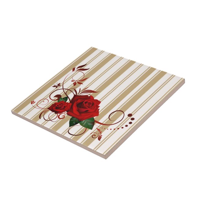 Ceramic Tile Stripe Beige & White Stripe Red Rose  Kakelplatta (Sidan)
