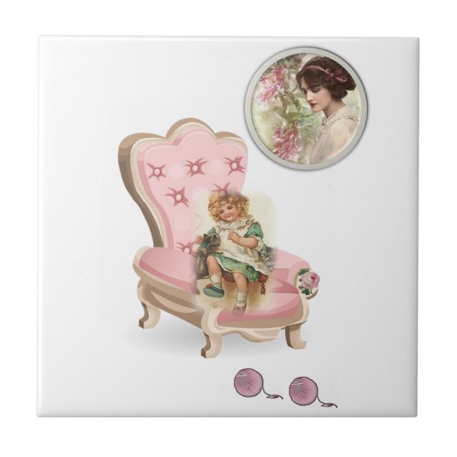 Ceramic Tile Vintage Girl Woman Cat Blommigt Kakelplatta (Framsidan)