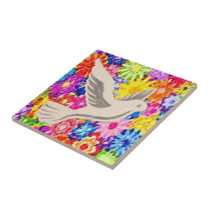 Ceramic Tile White Blommigt Dove Kakelplatta