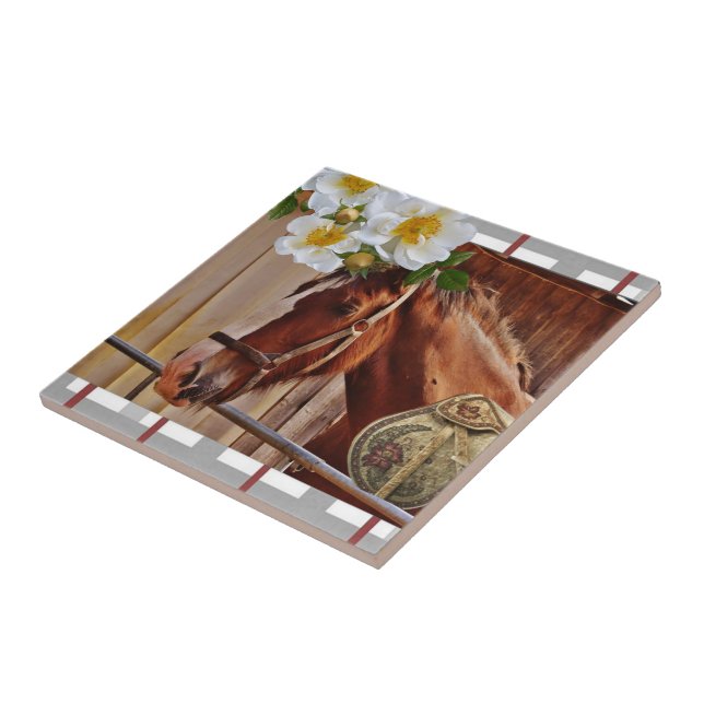 Ceramic Tile White Blommigt Horse Kakelplatta (Sidan)