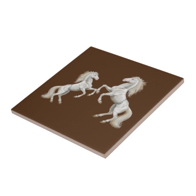 Ceramic Tile White Horses Brown Kakelplatta (Sidan)