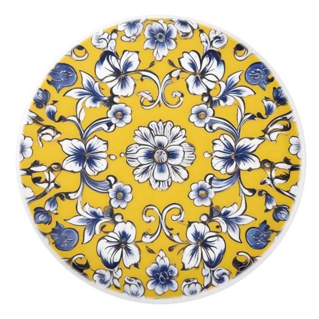 Ceramisk Anpassningsbar av gult, blå och vit Blomm Knopp (Framsidan)