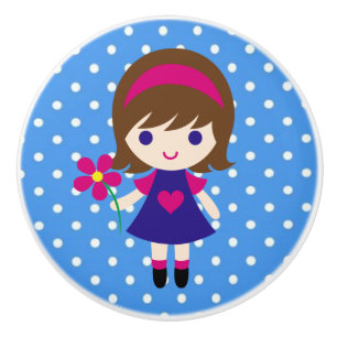 Ceramisk knob/cute Girl med blomma och Polka dots Knopp