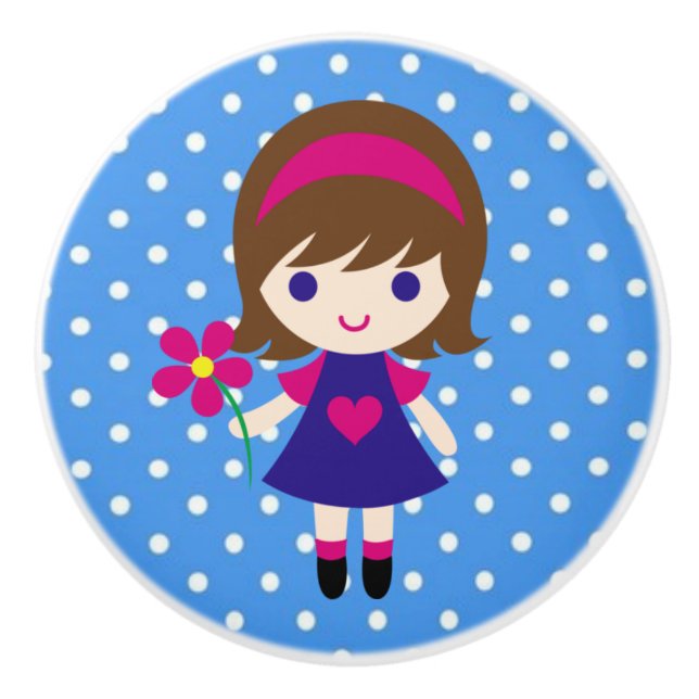 Ceramisk knob/cute Girl med blomma och Polka dots Knopp (Framsidan)