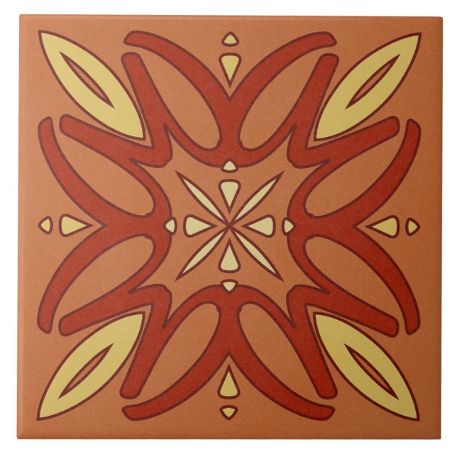 Ceramisk platta - Gult och röd Kaleidoskop Flower Kakelplatta (Framsidan)