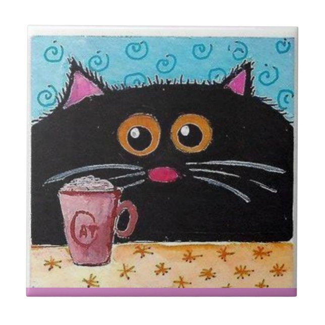 Ceramisk platta Whimsical Cat Coffee Kopp Kakelplatta (Framsidan)