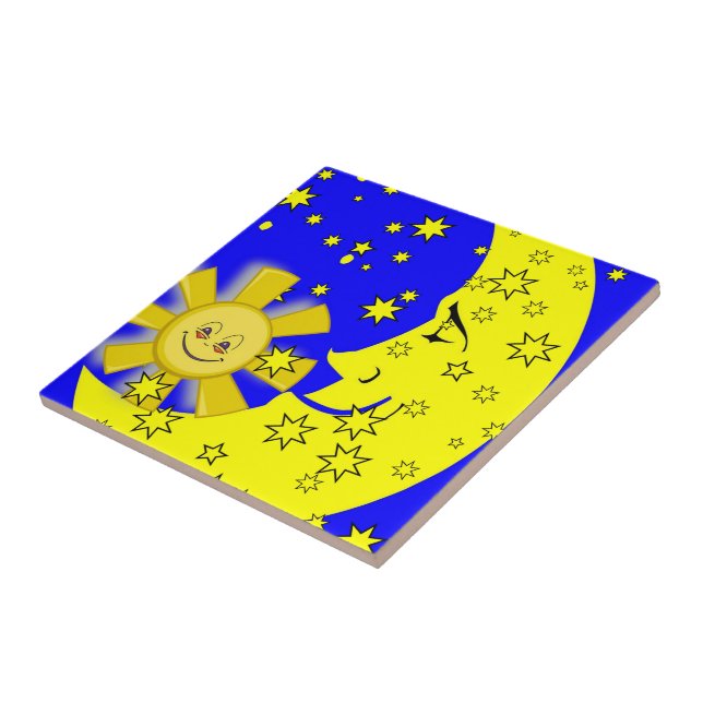 Ceramisk plattan Sol Måne Gult Stars Blue Kakelplatta (Sidan)