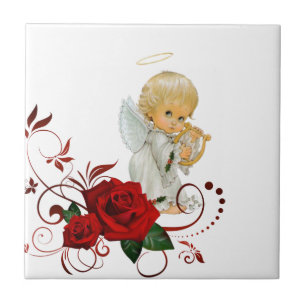 Ceramisk Tile Blommigt Röd ros Angel Kakelplatta