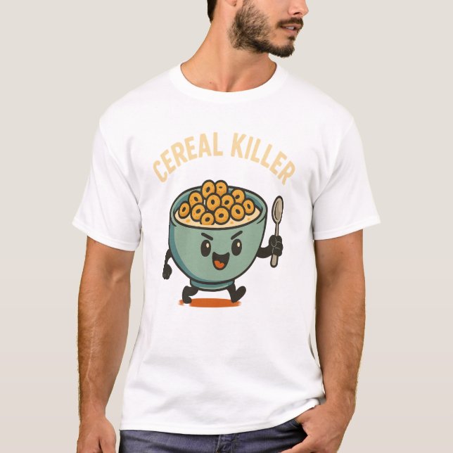 Cereal Killer- Rolig Tecknad Frukostskål Mat T Shirt (Framsida)