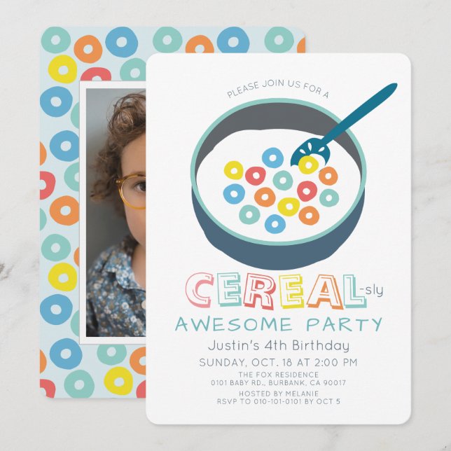 Cereal-sly Awesome Blå Cereal Pojke Foto Födelseda Inbjudningar (Fram/baksida)