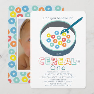 Cereal-sly One Blå Cereal Pojke Foto 1-årsdag Inbjudningar