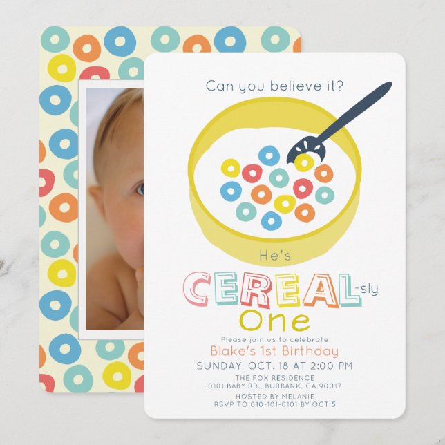 Cereal-sly One Gul Cereal Foto 1-årsdag Inbjudningar (Fram/baksida)