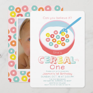 Cereal-sly One Rosa Cereal Flicka Foto 1-årsdag Inbjudningar