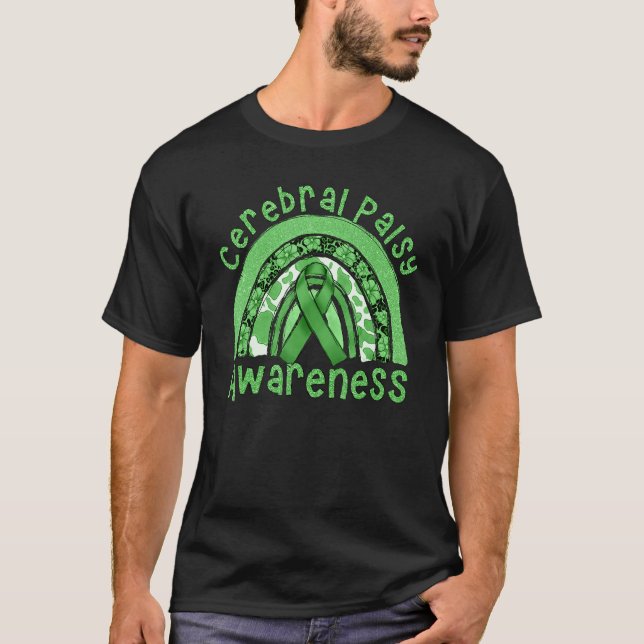 Cerebral Palsy Awareness Green Ribbon Rainbow Leop T Shirt (Framsida)