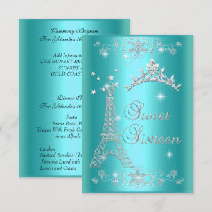 Ceremoni och Middagsmeny Söt 16 Tealblå Inbjudningar