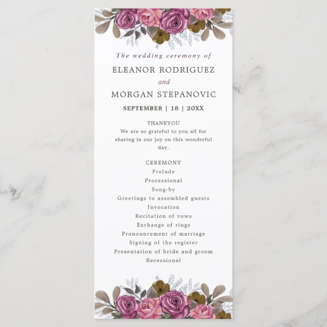 ceremonin för lila ro rosa blommigt bröllop program (Framsida)
